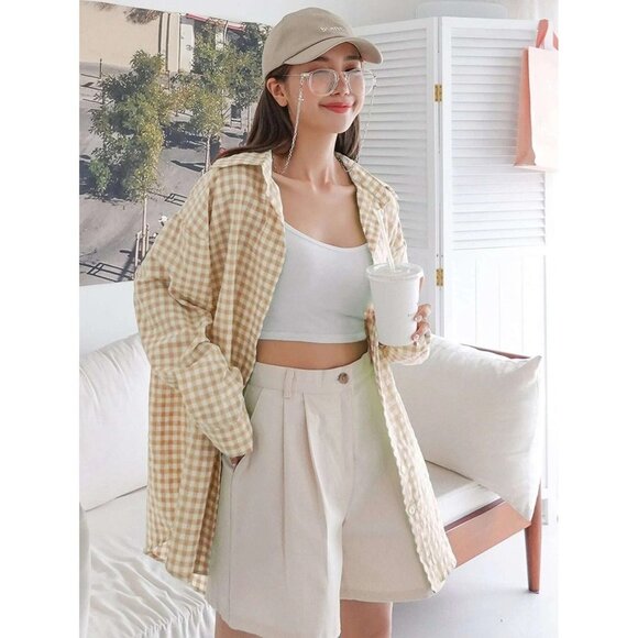 NWT DAZY Gingham Drop Shoulder Button Up Blouse Size L‎ Color Khaki - Picture 1 of 7